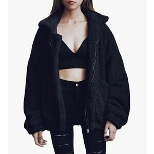 Comeon Women's Coat Casual Lapel Fleece Fuzzy Faux Shearling Zipper Size XXL